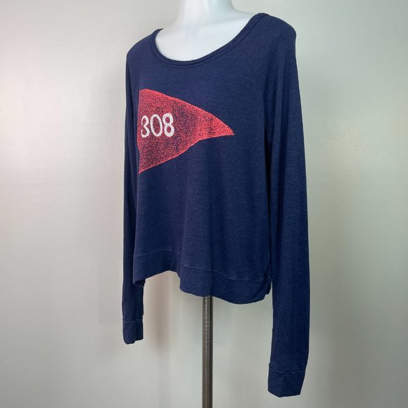 Sundry Top 2 Medium Navy Blue Red Flag Graphic Long Sleeve Shirt Cropped Women's - Picture 5 of 14